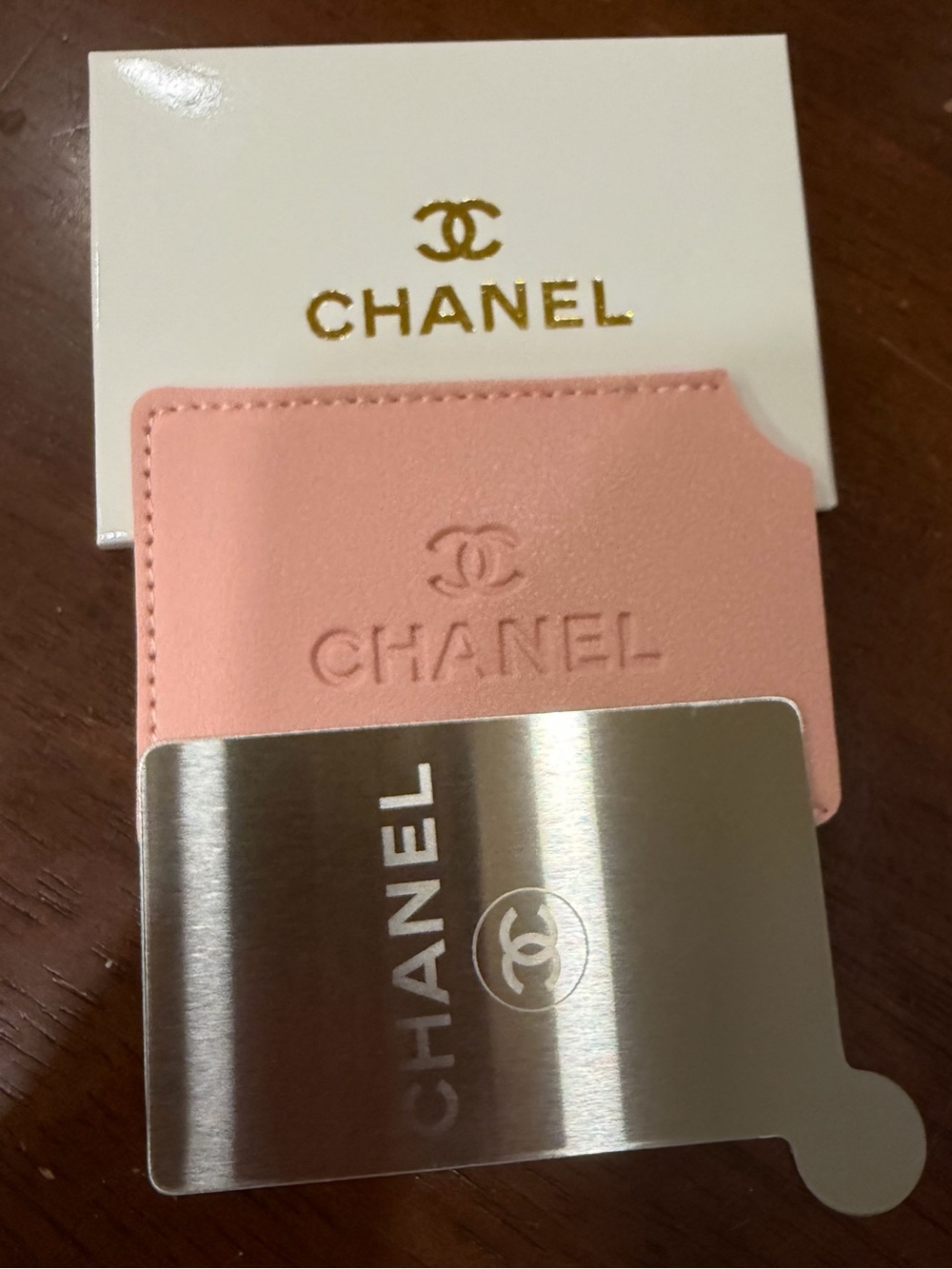 NIB CHANEL Blush Pink Embossed Leather Card Holder with mirror